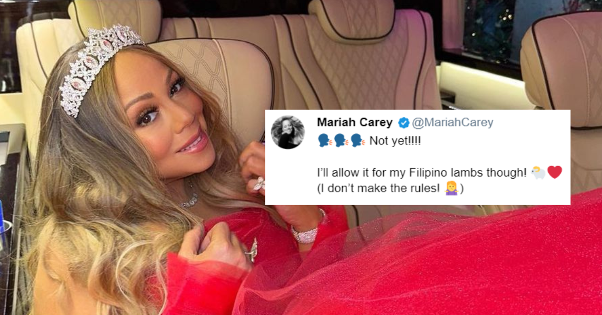 Mariah Carey in a red dress and a screenshot of her tweet.